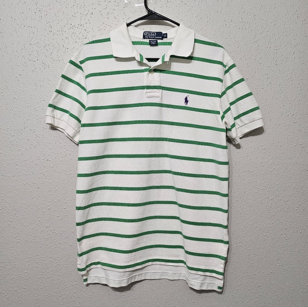 Polo Ralph Lauren Men's 100% Cotton Striped Polo Shirt White & Green Size M
